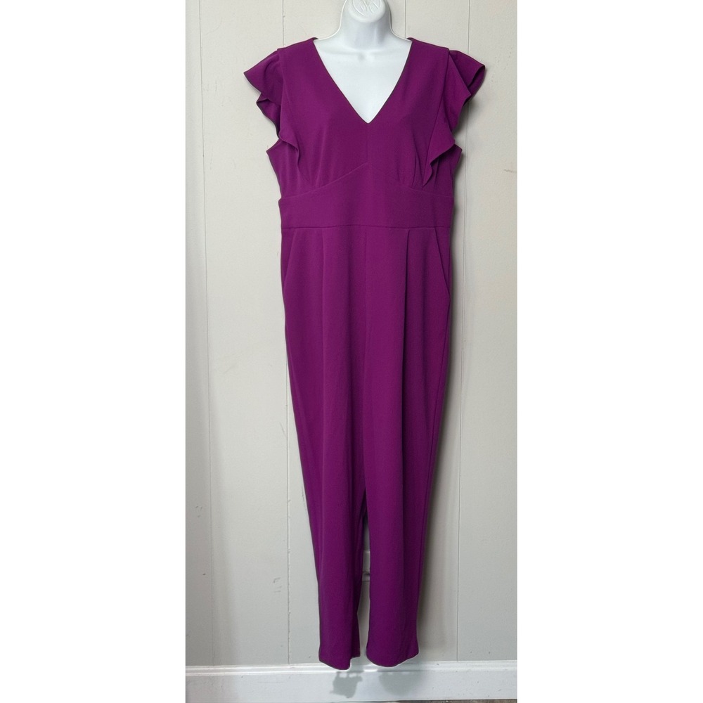 DKNY Women's Purple Ruffle Sleeve V-Neck Wide Leg Jumpsuit Size 12